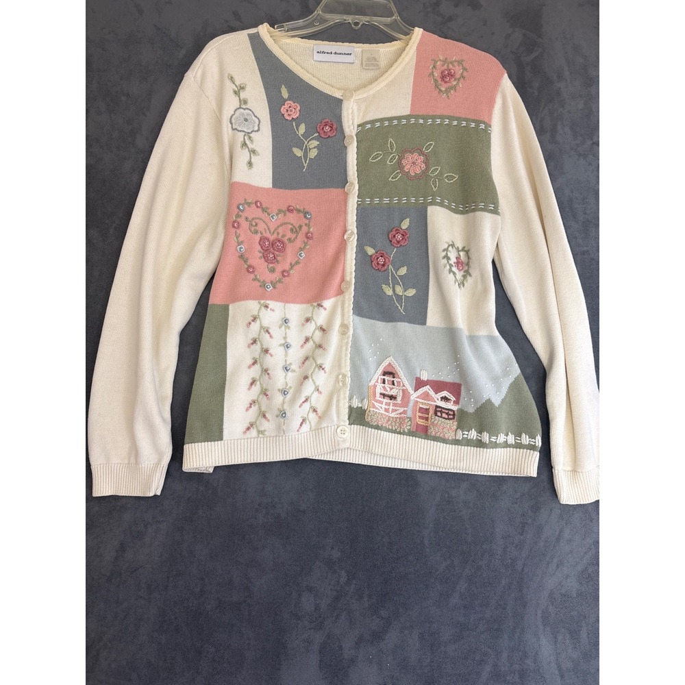 Whimsy Floral Patchwork Cardigan Sweater Cottagecore Cream Large